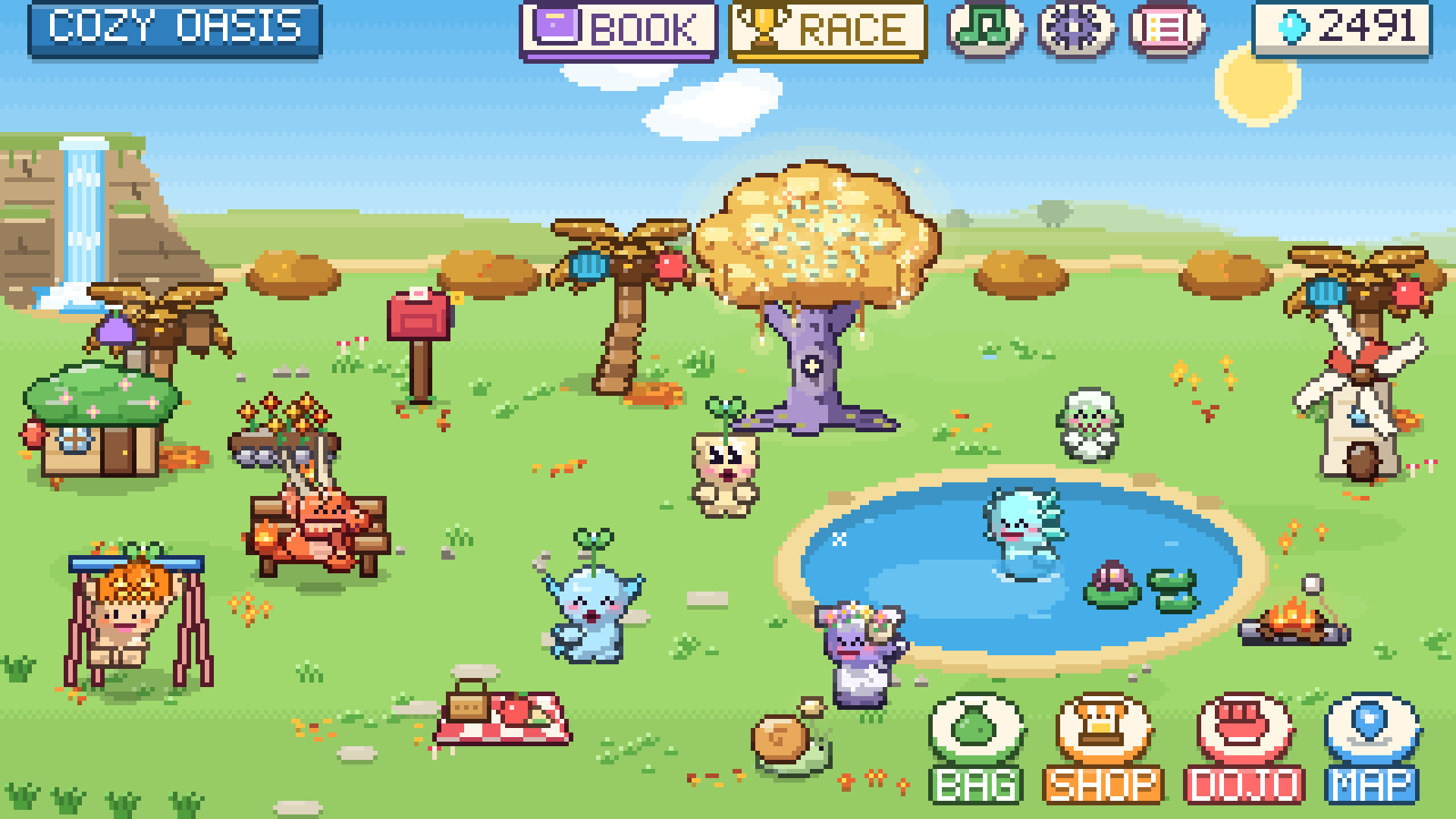 Cozy Oasis garden with pets and the Glimmer Tree