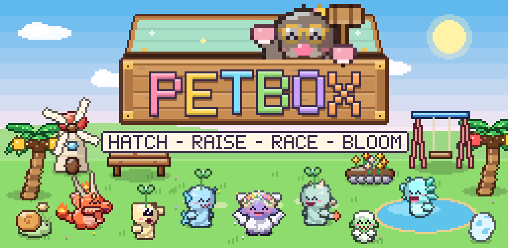 Petbox logo with Hazel and a group of pixel pets in a garden
