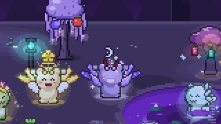 O Vale da Lua à noite: pets Divinos brilhando ao lado de uma lanterna e de um lago violeta