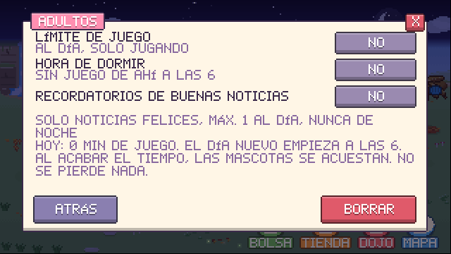 La página de ajustes para adultos: límite de juego, hora de dormir y recordatorios de buenas noticias, todos apagados