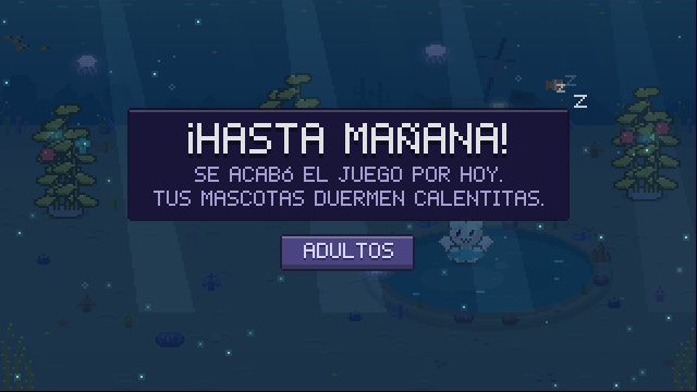 La pantalla de la hora de dormir de noche: ¡Hasta mañana! Se acabó el juego por hoy. Tus mascotas duermen calentitas.