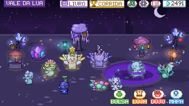 O Vale da Lua à noite com as quatro formas Divinas e pets Místicos brilhando