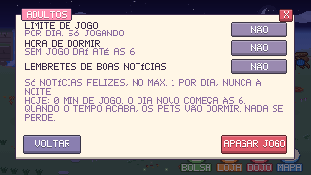 A página de ajustes para adultos: limite de jogo, hora de dormir e lembretes de boas notícias, todos desligados