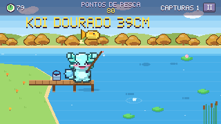 Pesca no Lago: um Gillby num píer pesca um Koi Dourado