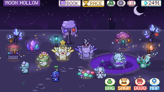 Moon Hollow at night with the four Divine forms and glowing Mystic pets