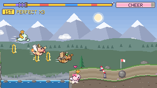 A race in the hills: pets glide through gold rings and yours is in first place